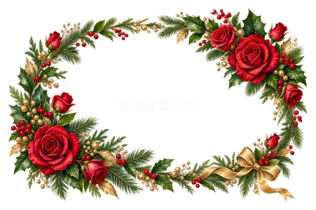 赤いバラと緑の葉のリースのクリスマスメッセージカード