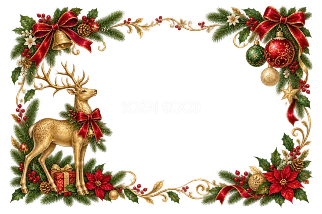 金のトナカイと緑の枝のクリスマスメッセージカード