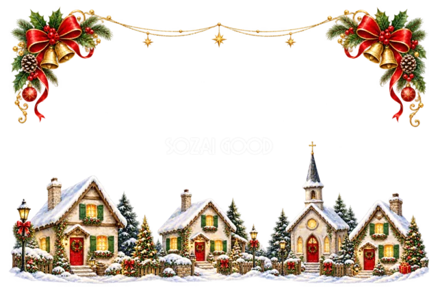 赤い太鼓と緑のリボンのクリスマスメッセージカード