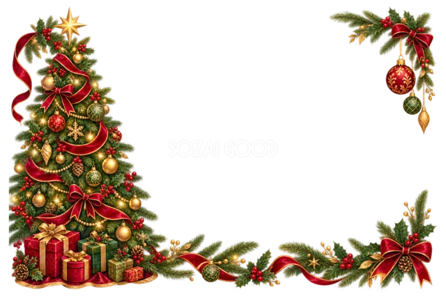 赤いリボンのクリスマスリースのクリスマスメッセージカード