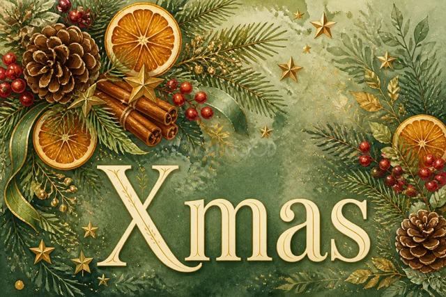 ユーカリと白い実のリースに大きなXmas文字のカード