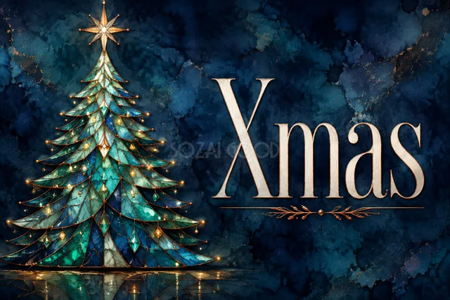 青緑のステンドグラスツリーとXmasのクリスマスメッセージカード
