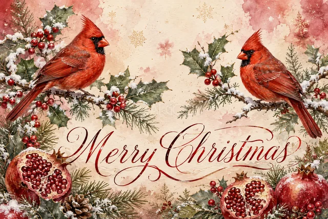 赤い小鳥とヒイラギの英語文字のクリスマスメッセージカード