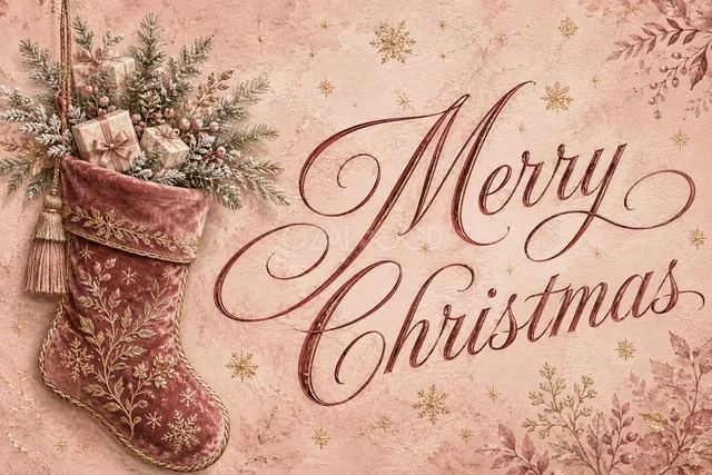 青緑と銅色のオーナメントとXmasのクリスマスメッセージカード