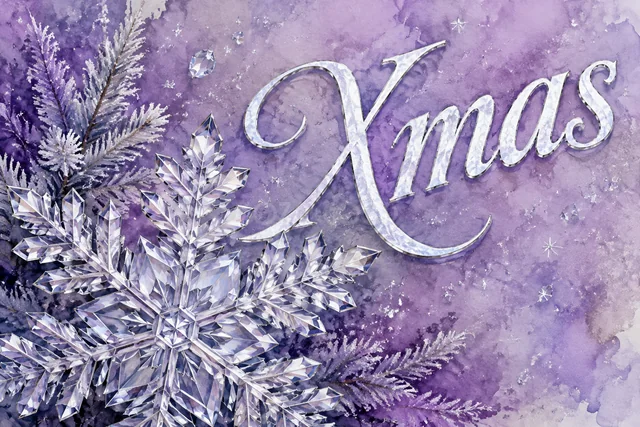紫の雪とガラスの結晶のXmasのクリスマスメッセージカード