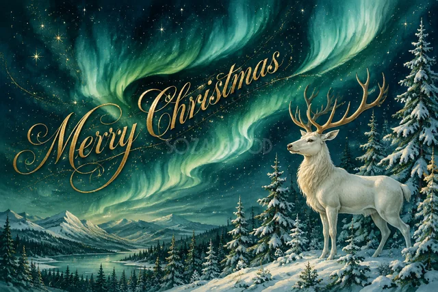 雪の時計塔と星空のXmasのクリスマスメッセージカード