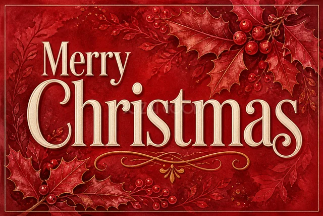 金のホルンと白い花の英語文字のクリスマスメッセージカード