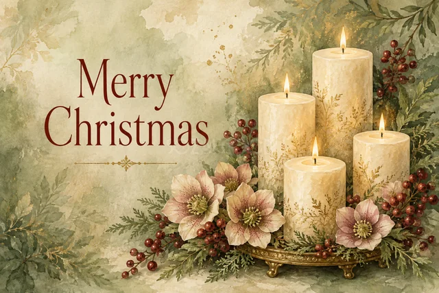 白いアマリリスと縦向きのXmasのクリスマスメッセージカード
