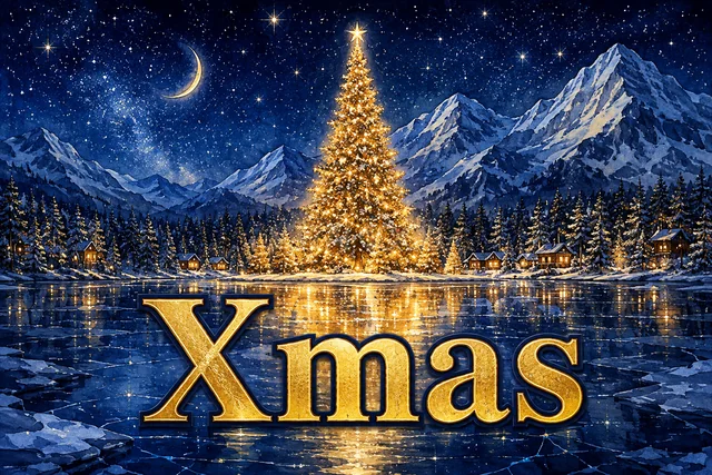 雪のガゼボと星明かりのツリーのクリスマスメッセージカード