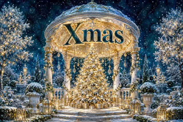 真夜中の湖に映る光のツリーのクリスマスメッセージカード