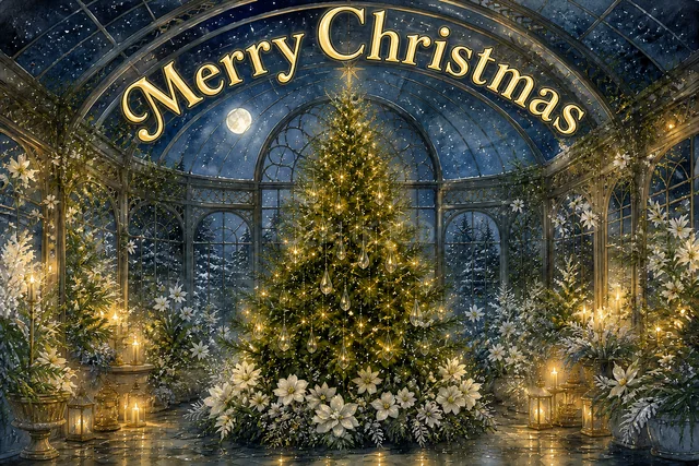 光の森と無数のクリスマスツリーのクリスマスメッセージカード