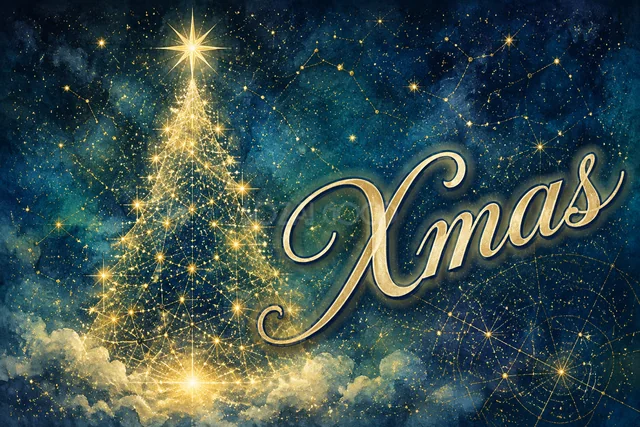 大階段と祝祭ツリーのクリスマスメッセージカード
