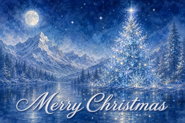 星空の窓辺とシルエットツリーのクリスマスメッセージカード