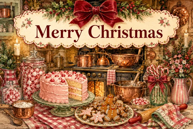 ピンクのリボンツリーと贈り物のクリスマスメッセージカード