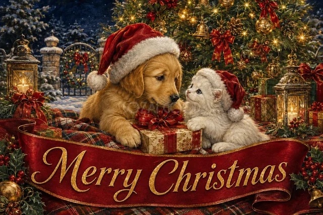 クリスマスツリーを飾るキツネとうさぎのクリスマスメッセージカード