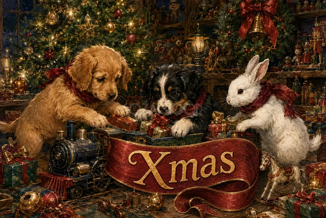 冬のティーパーティーを楽しむ犬と猫とうさぎのクリスマスメッセージカード
