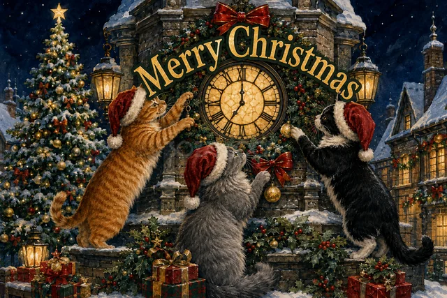 光るツリーの村を走るトナカイのそりのクリスマスメッセージカード