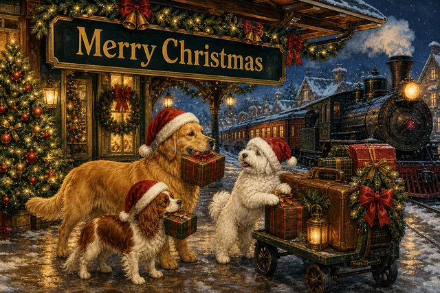 飾り付けた冬の橋で贈り物を運ぶ犬と猫のクリスマスメッセージカード