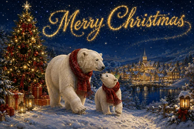 光る雪のツリーの下で寄り添う子犬と子猫のクリスマスメッセージカード