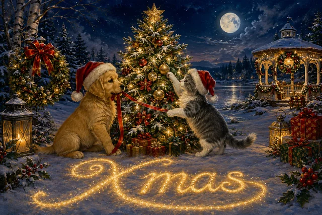 図書室で小さなツリーを飾る子犬と猫のクリスマスメッセージカード
