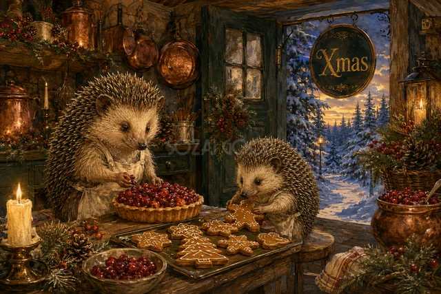 オーロラと光るツリーを見上げる白いキツネの親子のクリスマスメッセージカード