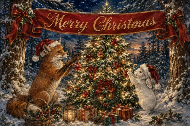 暖炉のそばでツリーを飾るうさぎたちのクリスマスメッセージカード