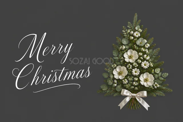 白い花のクリスマスツリーとMerry Christmas文字のカード