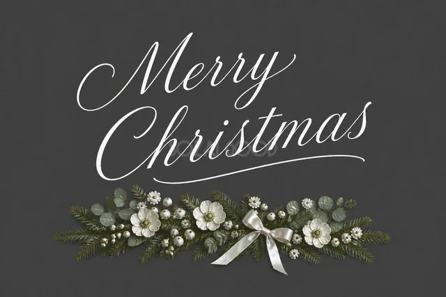 白い花の下飾りとMerry Christmas文字のダークグレーカード