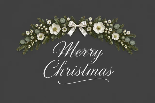 白い花の上辺ガーランドとMerry Christmas文字のカード