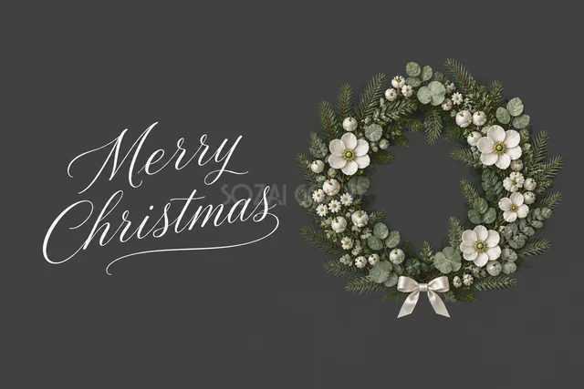 白い花の丸いリースとMerry Christmas文字のダークグレーカード