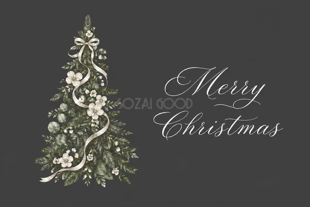 リボンを巻いた細い花のツリーとMerry Christmas文字のカード