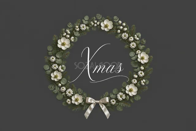 白い花の丸いリースとXmas文字のダークグレーカード