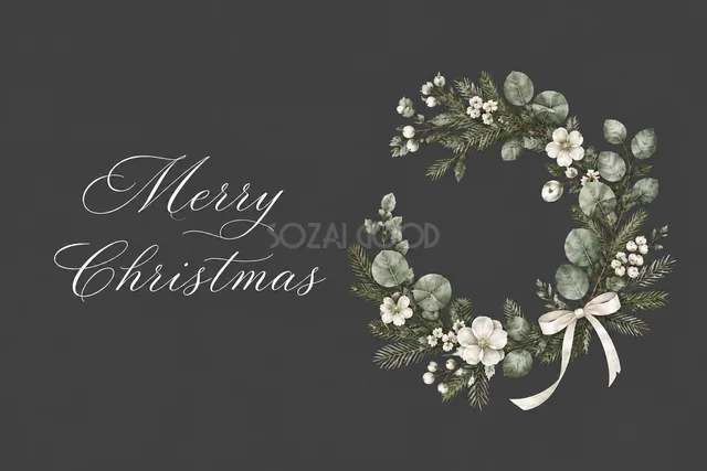 白い花の三日月リースとMerry Christmas文字のダークグレーカード