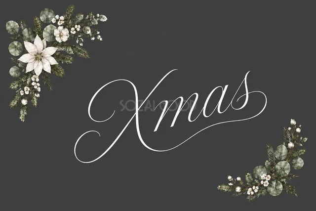 白い花の対角飾りと大きなXmas文字のダークグレーカード