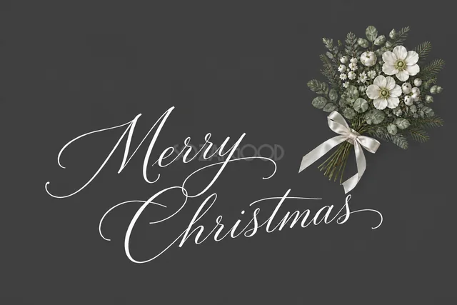 白い花束とMerry Christmas文字のダークグレーカード