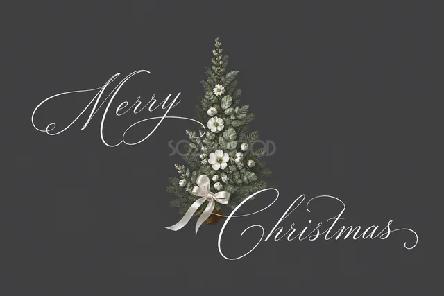 白い花のツリーとMerry Christmas文字のダークグレーカード