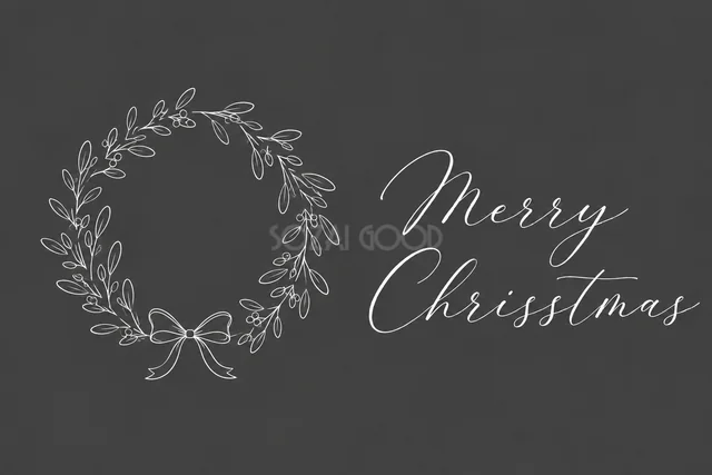 小枝の丸いリースとMerry Christmas文字のダークグレーカード