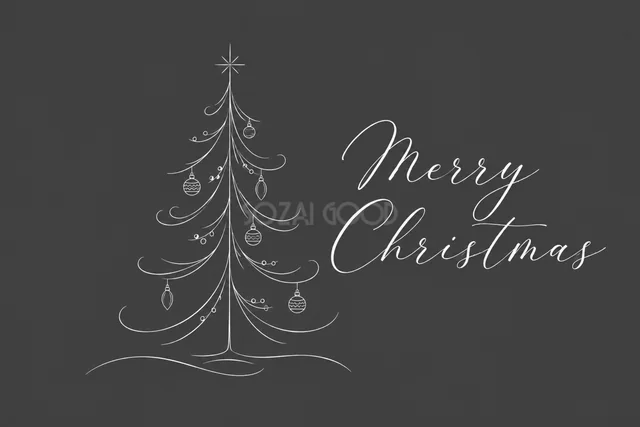 細い線のクリスマスツリーと筆記体文字を描いたダークグレーの白い線画クリスマスカード
