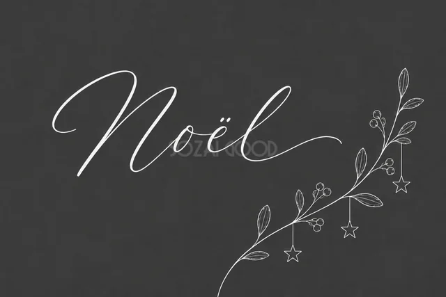 星を吊るした小枝と筆記体文字を描いたダークグレーの白い線画クリスマスカード