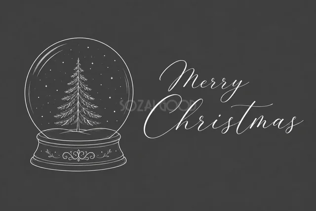 雪のツリーのスノードームと筆記体文字を描いたダークグレーの白い線画クリスマスカード
