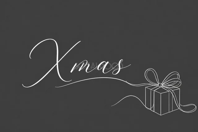 リボン付きプレゼントと筆記体文字を描いたダークグレーの白い線画クリスマスカード