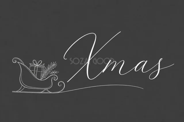 プレゼントを載せたそりと筆記体文字を描いたダークグレーの白い線画クリスマスカード