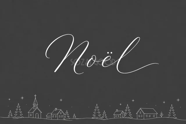 雪の教会と街並みと筆記体文字を描いたダークグレーの白い線画クリスマスカード