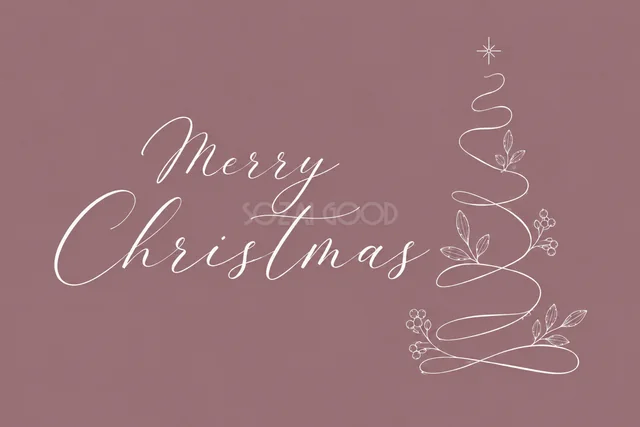 細い線のクリスマスツリーと筆記体文字を描いたくすみピンクの白い線画クリスマスカード