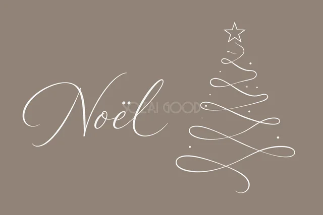 細い線のクリスマスツリーと筆記体文字を描いたグレージュの白い線画クリスマスカード