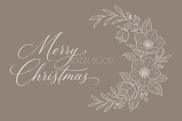 右側を飾る冬の花と筆記体文字を描いたグレージュの白い線画クリスマスカード