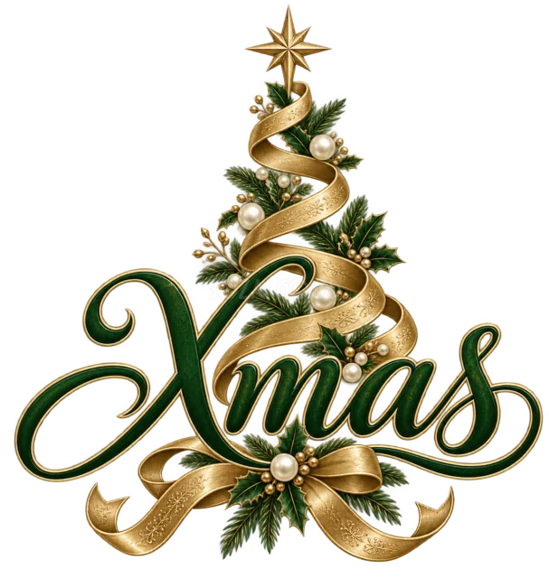 金のリボンツリーとXmas文字を描いた緑と金のおしゃれなクリスマスロゴ