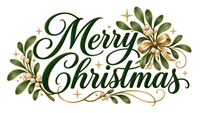 ヤドリギとMerry Christmas文字を描いた緑と金のおしゃれなクリスマスロゴ