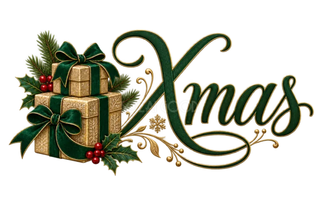 プレゼントとXmas文字を描いた緑と金のおしゃれなクリスマスロゴ