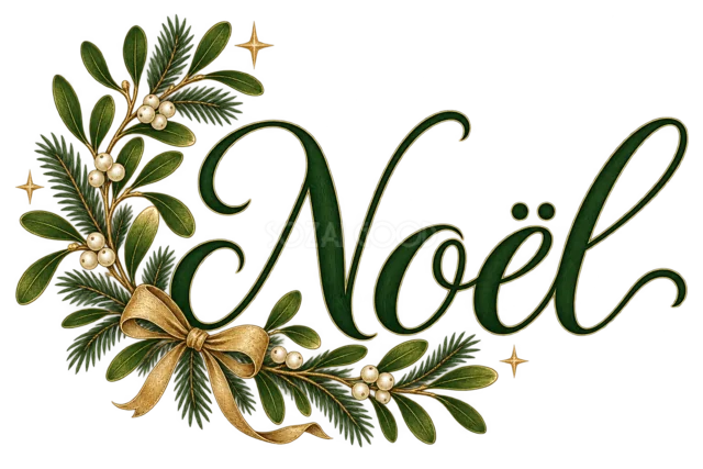 葉と金のリボンのNoël文字を描いた緑と金のおしゃれなクリスマスロゴ